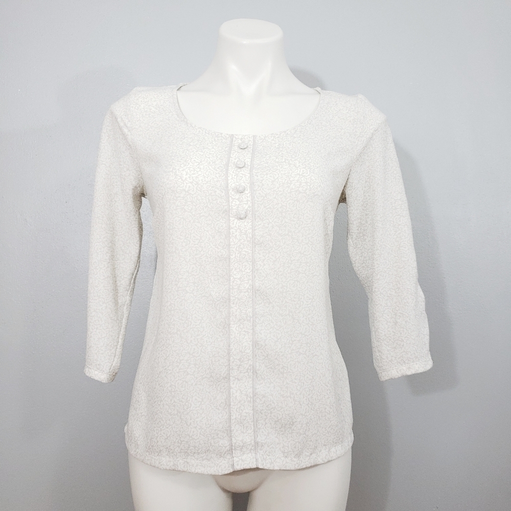 LC Lauren Conrad Cream Floral Button Front 3/4 Sleeve Top XS - Picture 2 of 5